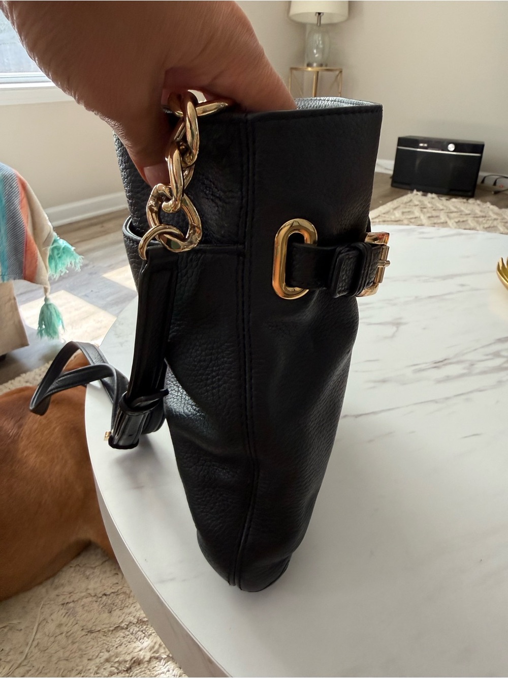 Michael Kors Black Leather Shoulder Bag with Gold-Tone Chain Straps - Picture 5 of 5